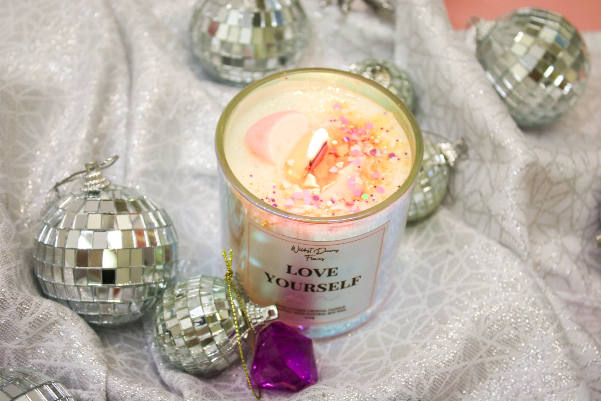 Love Yourself Positive Energy Crystal Candle, Handmade Soy Candle - Aromatherapy - - Magic and Stars -Candles-Wildest Dreams Flowers