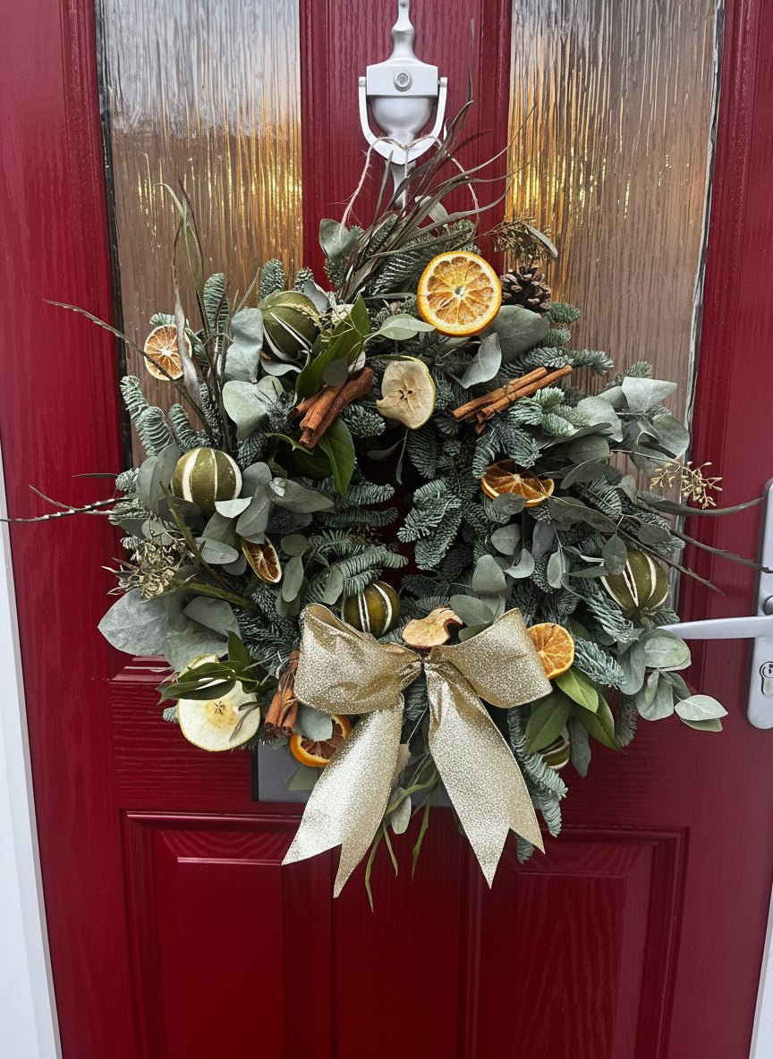 Decorative wreath with greenery, gold leaves, and oranges on a red door.