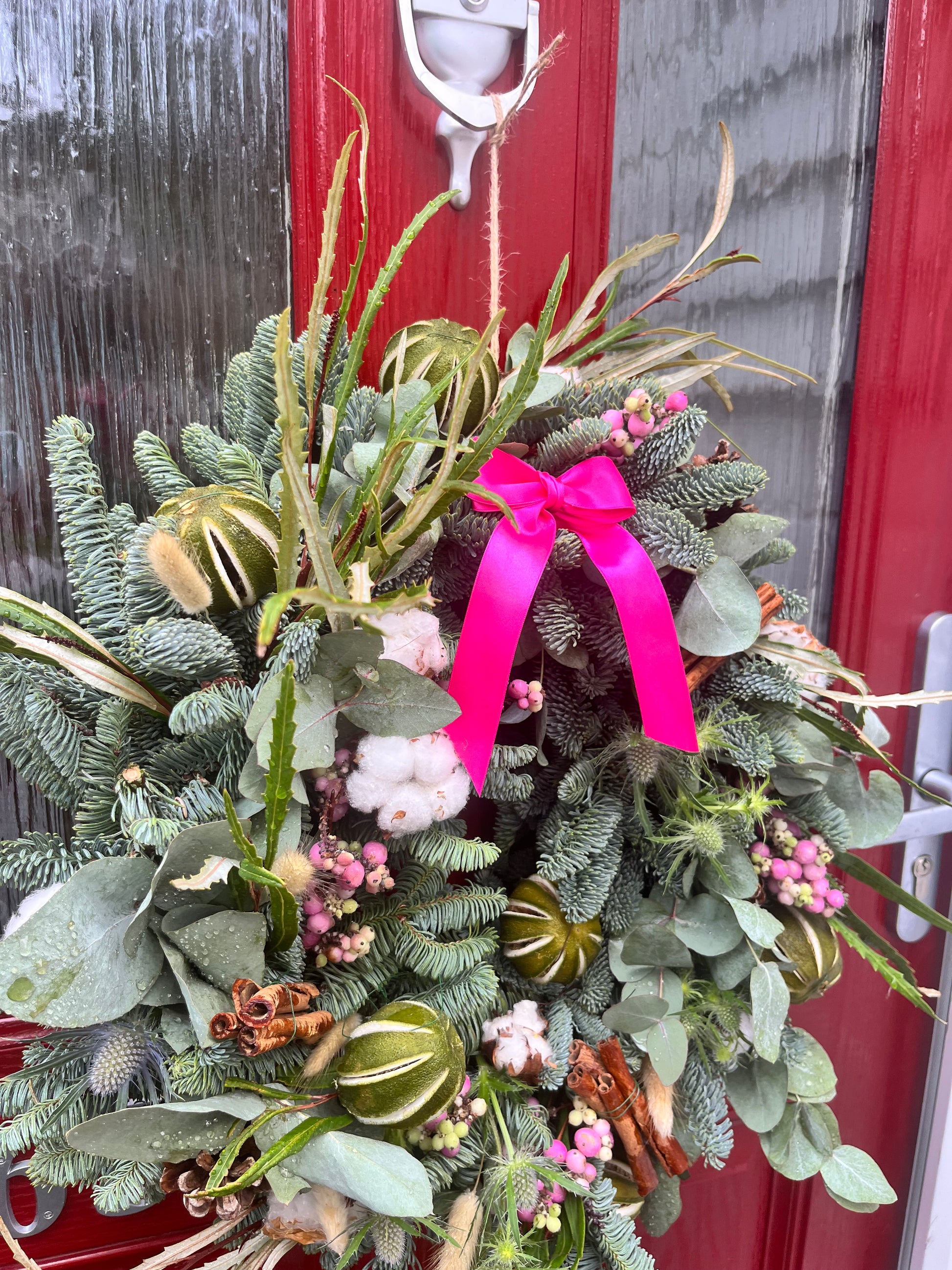 Pink Christmas Wreath | Luxury Pink Door Wreath with Ribbon | Modern Festive Decoration