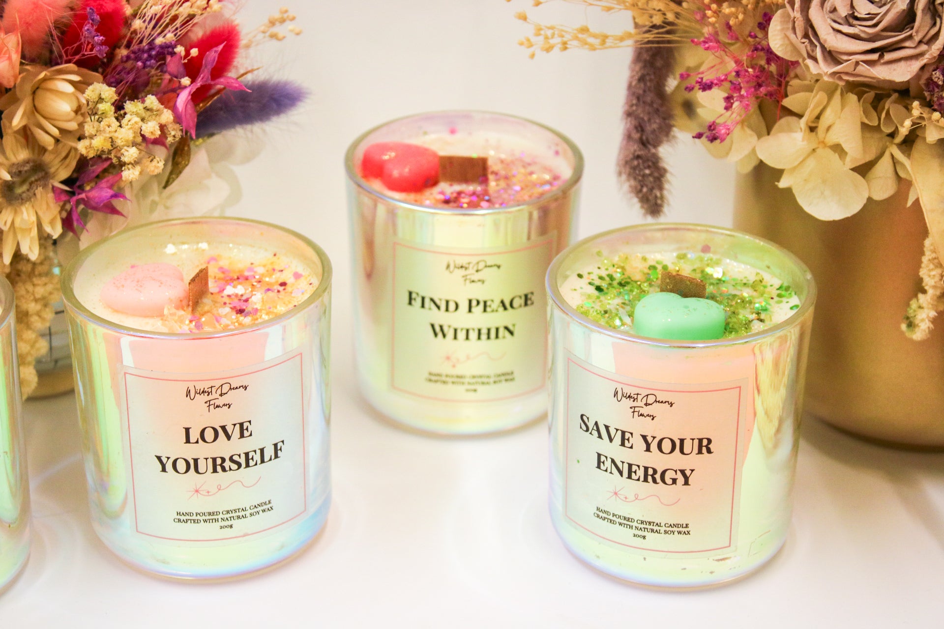 Love Yourself Positive Energy Crystal Candle, Handmade Soy Candle - Aromatherapy - - Magic and Stars -Candles-Wildest Dreams Flowers