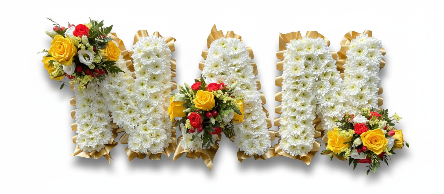 Floral arrangement spelling out 'MOM' with white, yellow, and red flowers on a white background