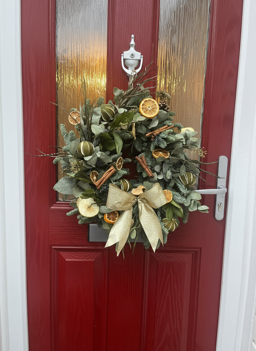 Traditional Christmas Wreath | Scented Wreath with Dried Fruit, Cinnamon & Gold Ribbon