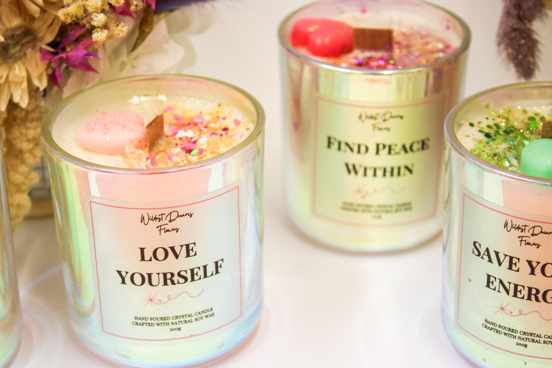 Love Yourself Positive Energy Crystal Candle, Handmade Soy Candle - Aromatherapy - - Magic and Stars -Candles-Wildest Dreams Flowers