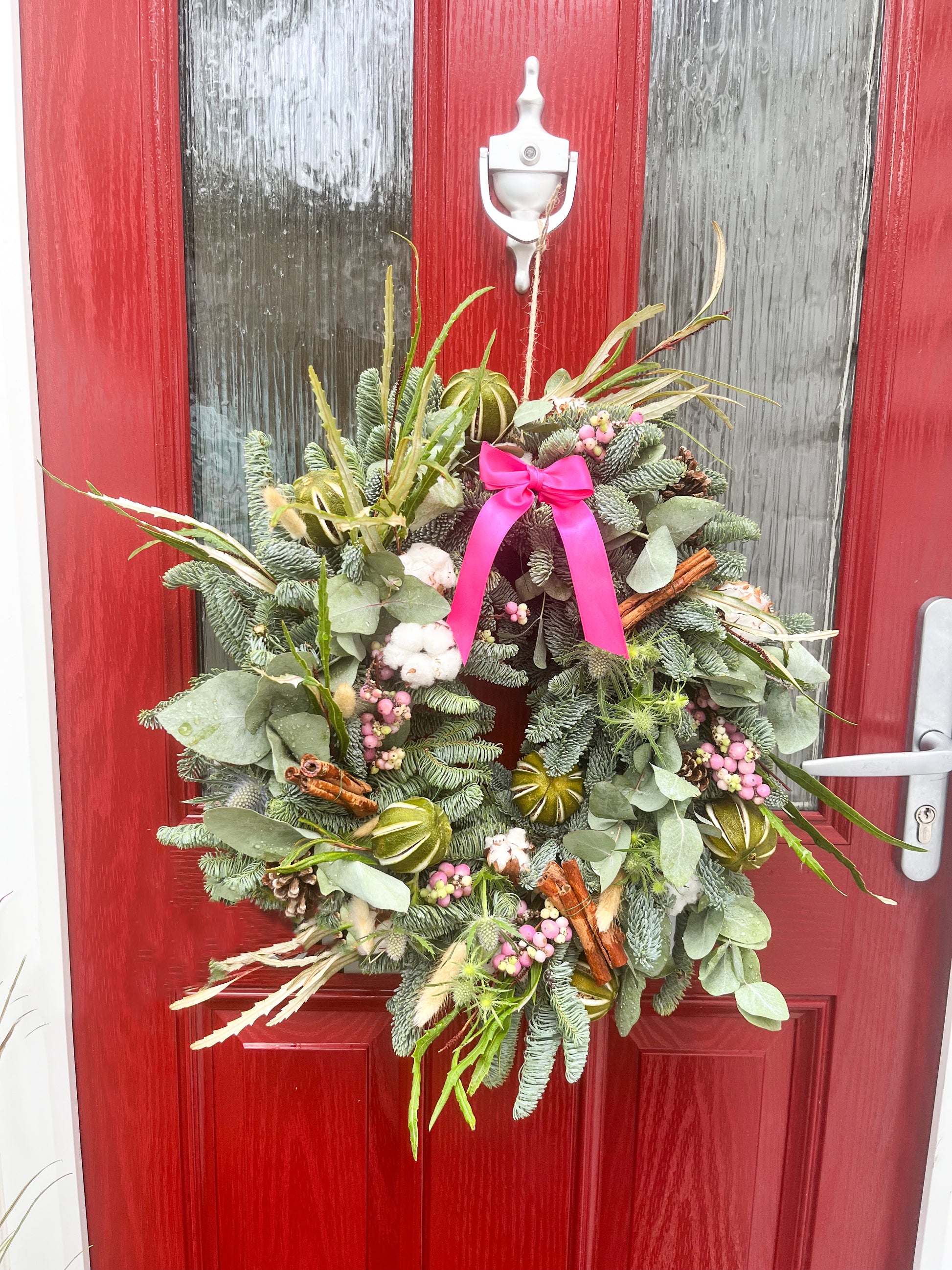 Pink Christmas Wreath | Luxury Pink Door Wreath with Ribbon | Modern Festive Decoration