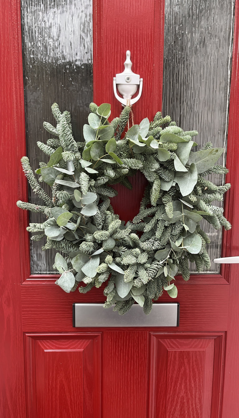 Green wreath on a red door with silver handle and address numbers.