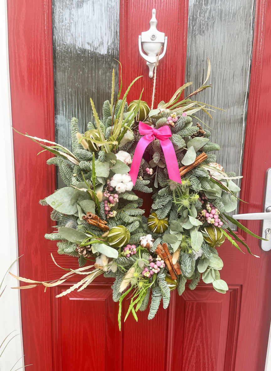 Pink Christmas Wreath | Luxury Pink Door Wreath with Ribbon | Modern Festive Decoration