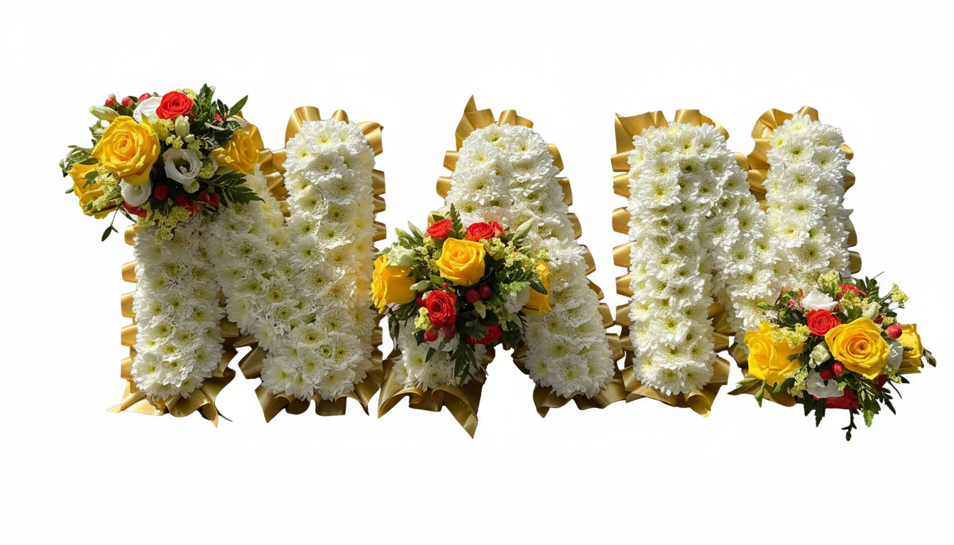 Floral arrangements spelling out 'NAN' on a wooden table outdoors.