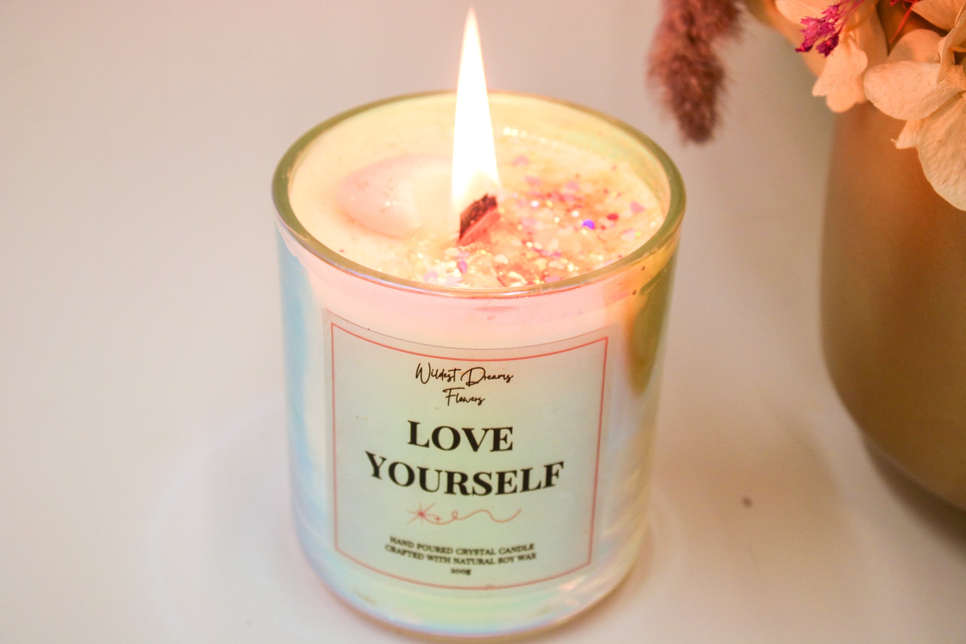 Love Yourself Positive Energy Crystal Candle, Handmade Soy Candle - Aromatherapy - - Magic and Stars -Candles-Wildest Dreams Flowers