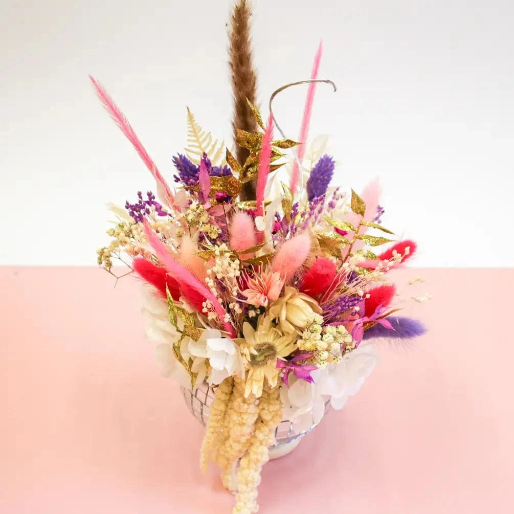 Silver Disco Ball Planter with Dried Flowers |Small Retro Boho Decor - Magic and Stars --Wildest Dreams Flowers