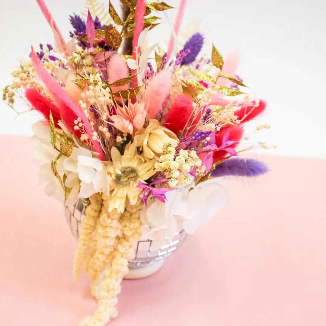 Silver Disco Ball Planter with Dried Flowers |Small Retro Boho Decor - Magic and Stars --Wildest Dreams Flowers