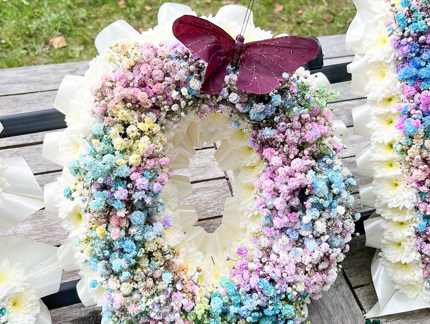 Rainbow Gypsophila Letter Tribute – Vibrant Personalized Funeral Floral Arrangement - Magic and Stars -funeral Flowers-Wildest Dreams Flowers