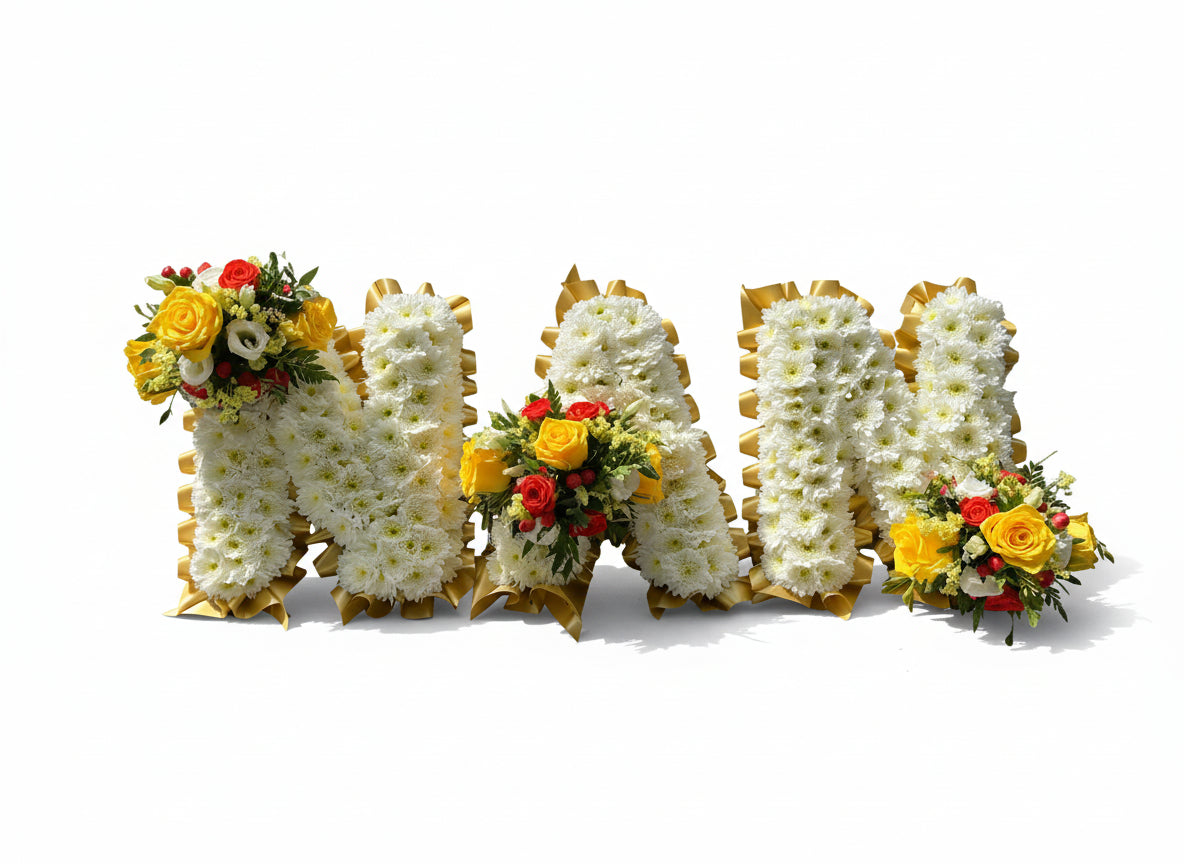 Floral arrangement spelling out 'NIM' on a white background