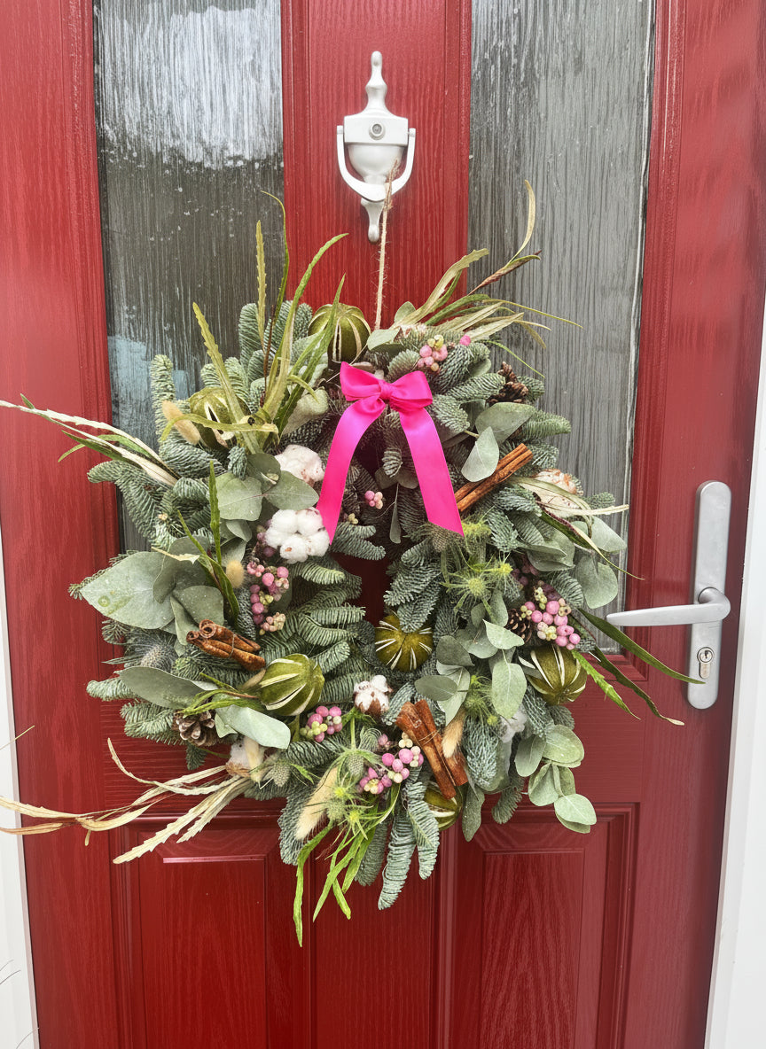 Pink Christmas Wreath | Luxury Pink Door Wreath with Ribbon | Modern Festive Decoration