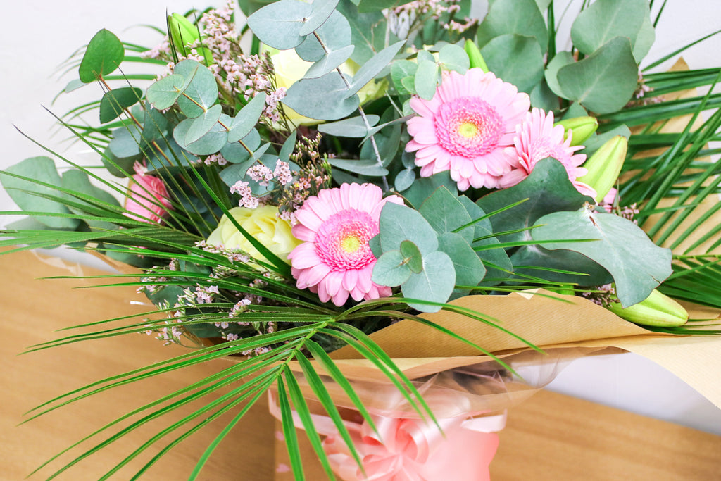 Hand-tied pink and white rose bouquet with gerberas and eucalyptus – The Sophia by Wildest Dreams Flowers

