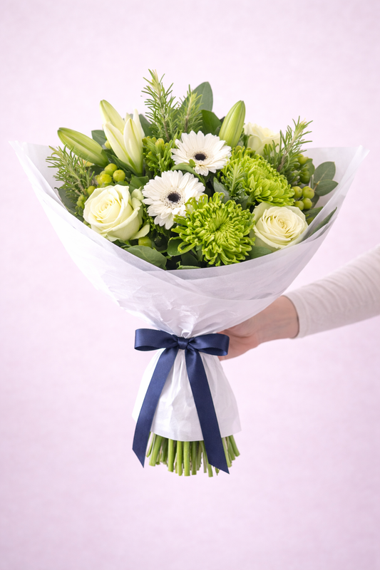 White and green fresh flower bouquet with blue ribbon by Wildest Dreams Flowers Stevenage