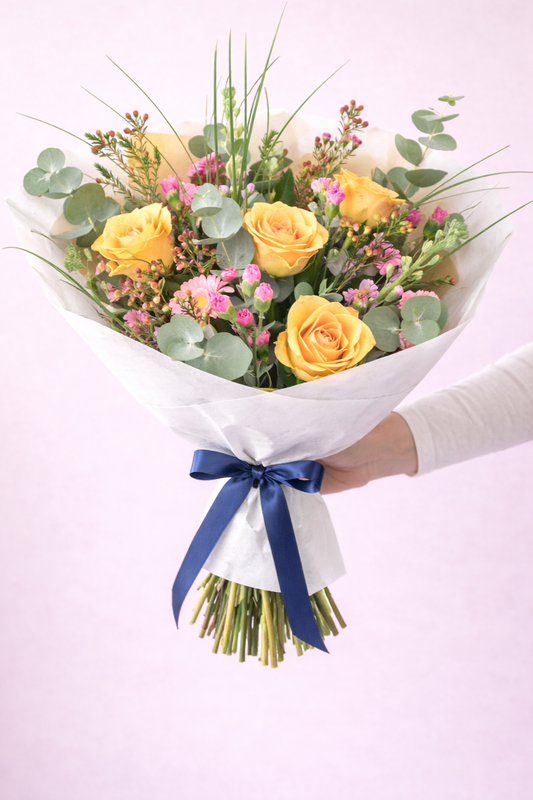 Bouquet of yellow roses and greenery with a blue ribbon, held by a person against a light pink background.