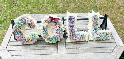 Rainbow Gypsophila Letter Tribute – Vibrant Personalized Funeral Floral Arrangement - Magic and Stars -funeral Flowers-Wildest Dreams Flowers