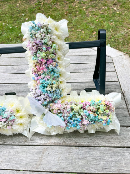 Rainbow Gypsophila Letter Tribute – Vibrant Personalized Funeral Floral Arrangement - Magic and Stars -funeral Flowers-Wildest Dreams Flowers