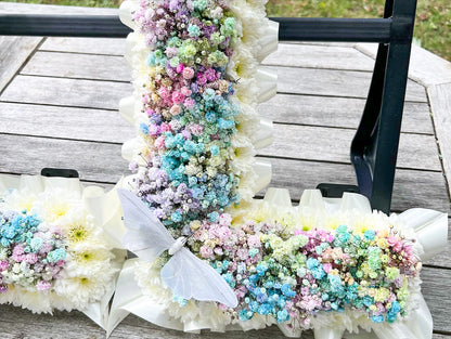 Rainbow Gypsophila Letter Tribute – Vibrant Personalized Funeral Floral Arrangement - Magic and Stars -funeral Flowers-Wildest Dreams Flowers