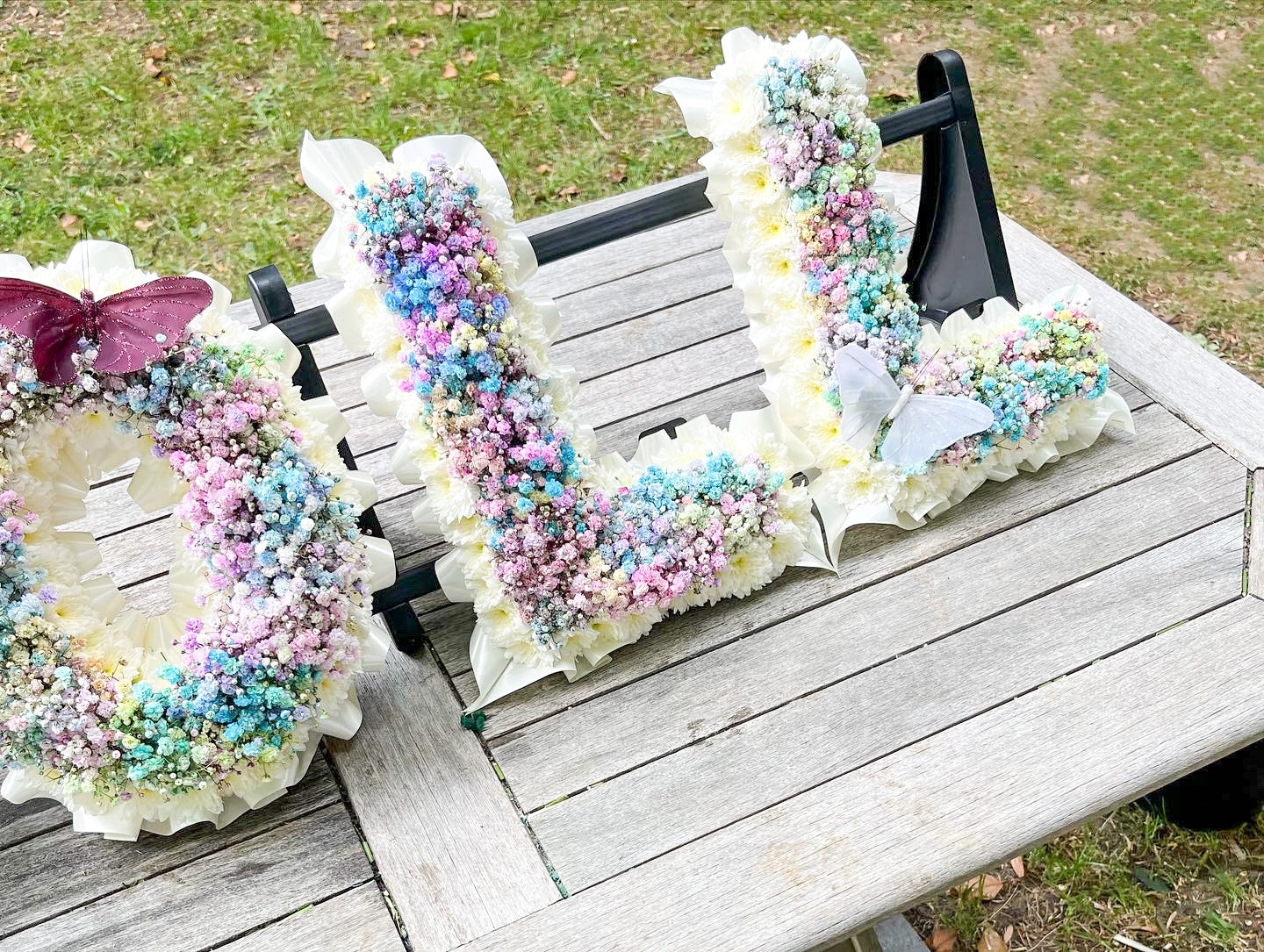 Rainbow Gypsophila Letter Tribute – Vibrant Personalized Funeral Floral Arrangement - Magic and Stars -funeral Flowers-Wildest Dreams Flowers