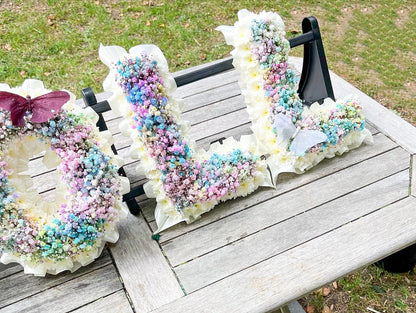 Rainbow Gypsophila Letter Tribute – Vibrant Personalized Funeral Floral Arrangement - Magic and Stars -funeral Flowers-Wildest Dreams Flowers